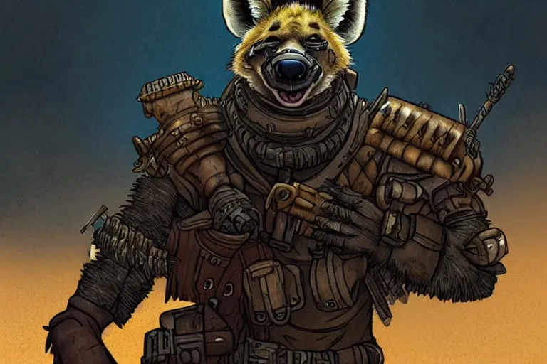 Image similar to a good ol'hyena fursona ( from the furry fandom ), heavily armed and armored facing down armageddon in a dark and gritty version from the makers of mad max : fury road. witness me.