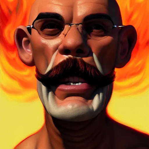 Image similar to bald boxer with chest tattoos with van dyke beard on fire, digital art, cinematic, concept art, 8k, painting, imaginefx, cgsociety, syd mead, trending on artstation, wide shot, full shot