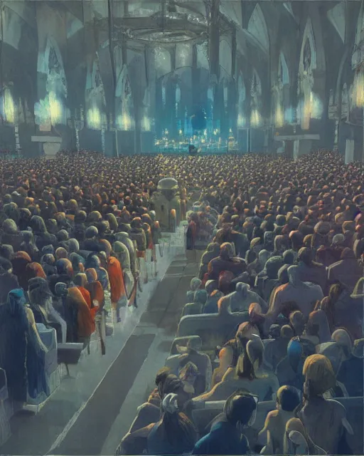 Image similar to ghibli and craig mullins digital matte art of a crowd in a futuristic church, priest, pews, ethereal, inviting, bright, unreal engine, hyper realism, realistic shading, cinematic composition, realistic render, octane render, detailed textures, photorealistic, wide shot
