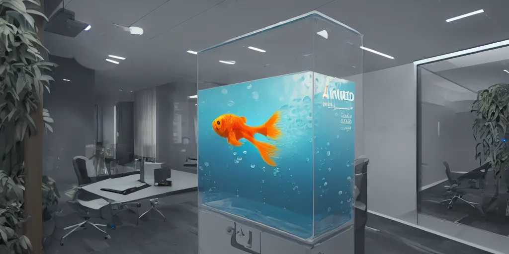 Prompt: a photo of 8k a goldfish in a office water dispenser, cinematic lighting, trending on artstation, 4k, hyperrealistic, focused, extreme details, unreal engine 5, cinematic, masterpiece