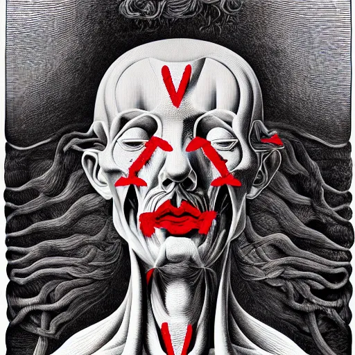 Image similar to red conceptual post - mortem monumental portrait made by escher and william blake and salvador dali, highly conceptual art, intricate detailed painting, illustration sharp detail, vector sharp graphic, manga 1 9 9 0, anatomy atlas