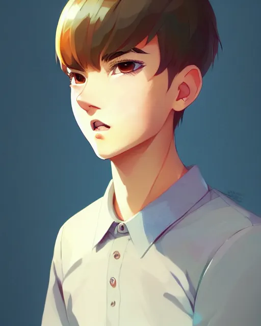 Prompt: teen boy with buzzed hair, blonde, bangs, unibrow, bushy eyebrows, mischievous grin, portrait shinkai makoto studio ghibli studio key hideaki anno sakimichan stanley artgerm lau rossdraws james jean marc simonetti elegant highly detailed digital painting artstation pixiv