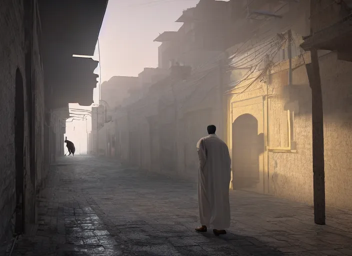 Image similar to old jeddah city alley, roshan, old shops, horse, magical time gate to another dimension, a man wearing a white robe standing watching over, dramatic lighting, dawn, by caspar david friedrich, unreal engine 5