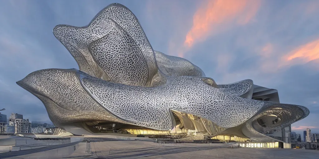 Image similar to extremely detailed ornate stunning sophisticated beautiful elegant futuristic museum exterior by Zaha Hadid, stunning volumetric light, sunset, concrete ant translucent material, stunning skies, 8k dragonfly structural pattern