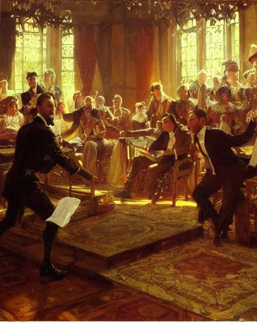 Image similar to a handsome man rehearsing shakespeare to a room full of businessmen, painting by gaston bussiere, craig mullins, j. c. leyendecker
