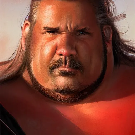 Image similar to portrait of a half fatman half pig with long hair tied in a ponytail, light stubble with red shirt ,digital art,photorealistoc,art by greg rutkowski,hyperdetailed,western comic style,comic,comic style,sharp lineart,professional lighting,deviantart,artstation,trevor henderson,rossdtaws,cinematic,dramatic