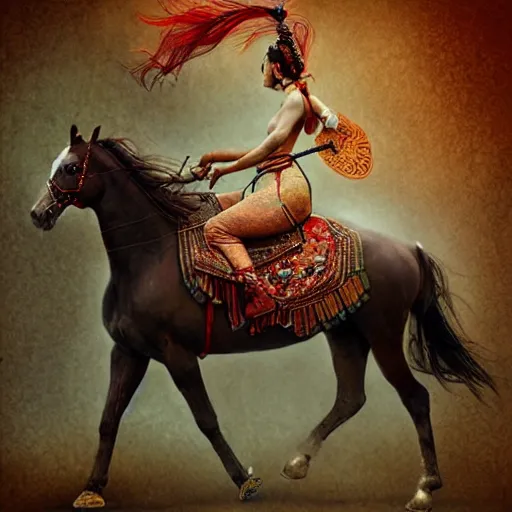 Image similar to Apsaras warrior riding a horse,traditional Chinese textures, hyper detailed, by Brook Shaden