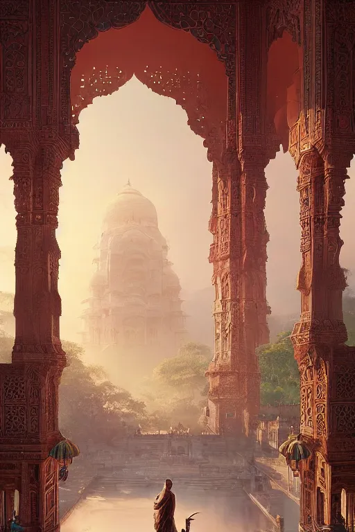 Image similar to old indian city with a breathtaking view of a magnificent maharajah palace at pink dawn, intricate, elegant, volumetric lighting, digital painting, highly detailed, artstation, sharp focus, illustration, concept art, ruan jia, steve mccurry