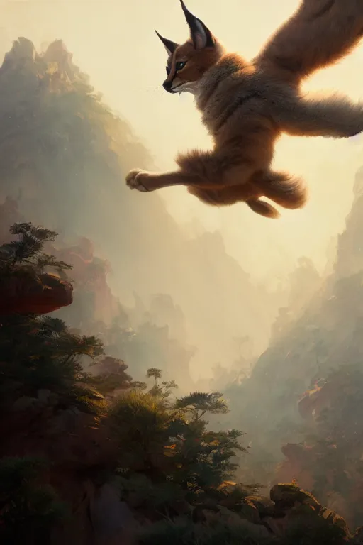 Image similar to cute fluffy caracal flying up on the victorian city, extremely detailed digital painting, in the style of fenghua zhong and ruan jia and jeremy lipking and peter mohrbacher, mystical colors, rim light, beautiful lighting, 8 k, stunning scene, raytracing, octane, trending on artstation