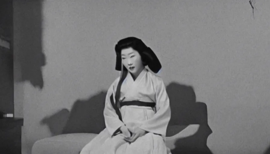 Image similar to a filmstill of a woman in a hanbok sitting on a couch, traditional korean interior, kaiju starfish shadow behind a screen door, 1950s Korean film noir