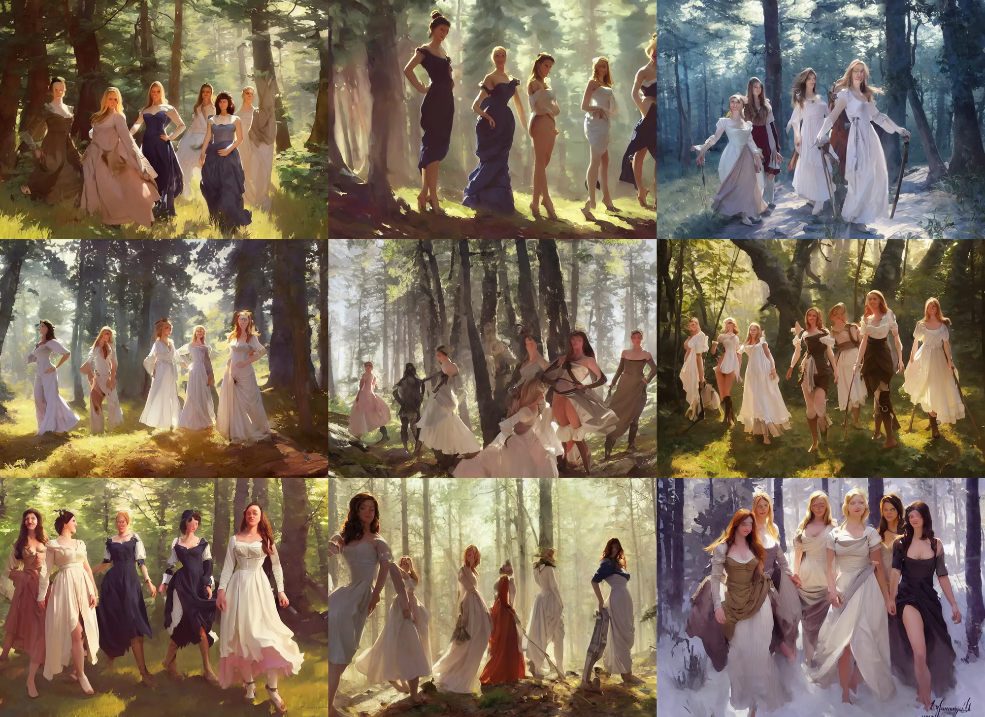 Prompt: five of beautiful finnish norwegian swedish scandinavian attractive glamour models wearing 1 7 th century bodice with low neckline walking in the woods in a sunny day, jodhpurs greg manchess painting by sargent and leyendecker, studio ghibli fantasy medium shot asymmetrical intricate elegant matte painting illustration hearthstone, by greg rutkowski by greg tocchini by james gilleard
