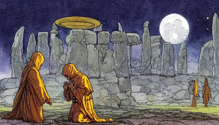 Prompt: a realistic and atmospheric watercolour fantasy concept art of a golden ufo landing in stonehenge. a giant medieval monk in grey robes on his knees praying. a crescent moon in the sky. muted colors. by rebecca guay, michael kaluta, charles vess and jean moebius giraud