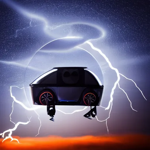 Prompt: futuristic flying car inside a circle made of lightning in the sky, thunderstorm at night, 28mm dramatic photo