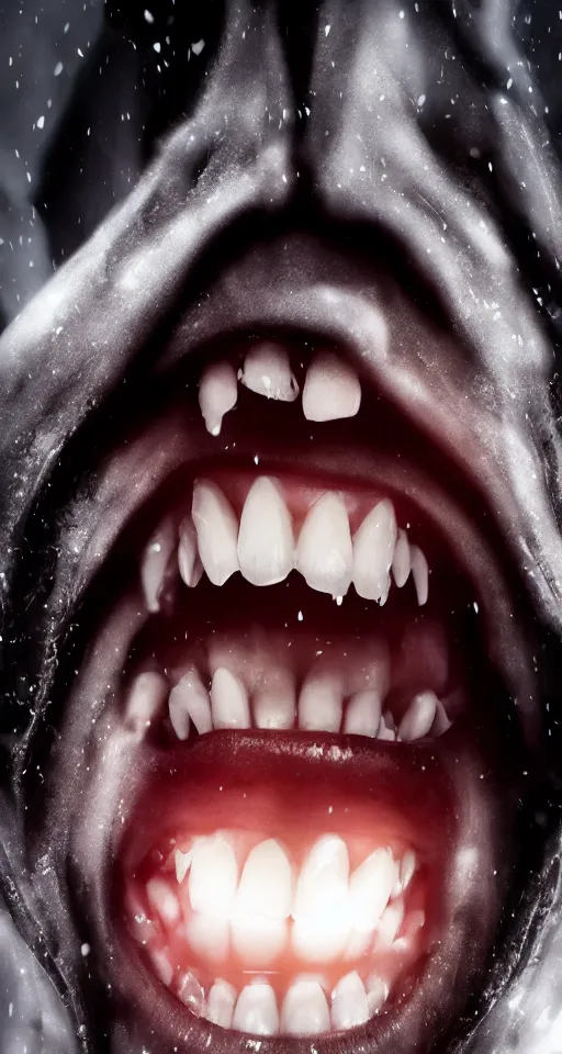 Image similar to up close shot of vampire fangs, vampire human, winter, dark scenery, dark lighting, cinematic, cold freezing nights, laser lights, crybernetic, top floor boss shit, destroy lonely, black floor, lavish, luxurious, marble walls, cinematic, hyper realism, high detail, octane render, 8 k