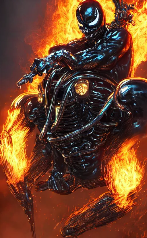 Image similar to venom as ghost rider on a motorcycle, dynamic lighting, photorealistic fantasy concept art, trending on art station, stunning visuals, terrifying, creative, cinematic