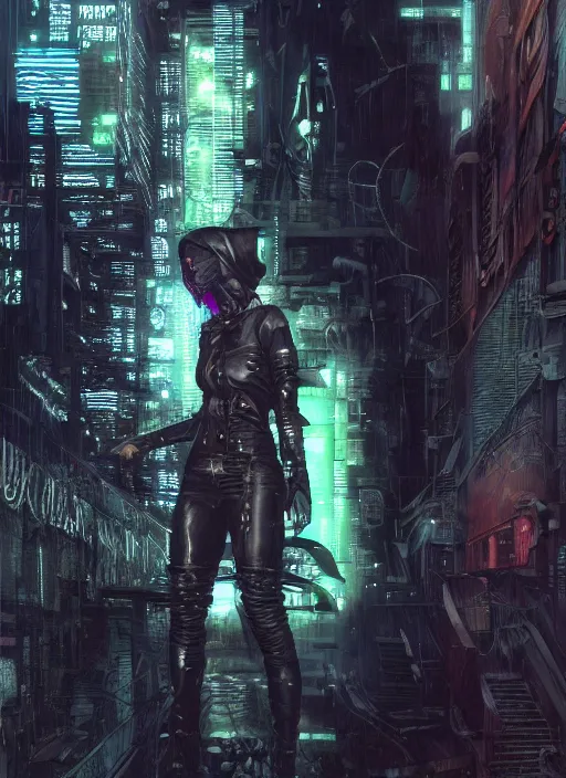 Image similar to beautiful female neuromancer, techwear, punk outfit : : urban setting, nighttime, close - up view : : character design by gerald brom and enki bilal, and james jean, cinematic : : ultra - detailed technical precision : : high definition 3 d render, unreal engine, hires textures, trending on artstation, 4 k