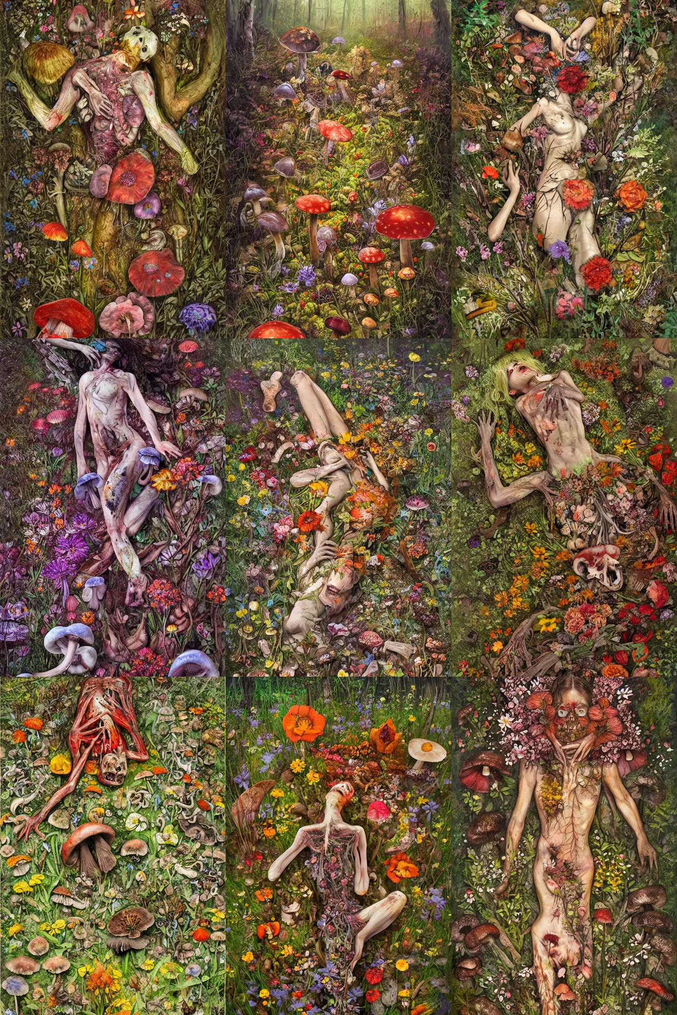 Prompt: dead body decaying on the forest floor, flowers and mushrooms cover the body, flowers grow from the body, mushrooms grow from the body, concept art, painting, aleksander rostov, beautiful, intricate, detailed, flowers!!!!, nature, warm color palette flowers