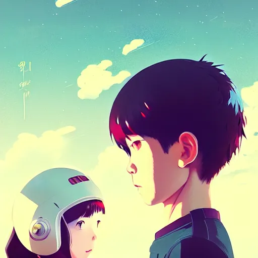 Image similar to portrait of boy and girl with astronaut helmets by ilya kuvshinov, cloudy sky background lush landscape ln illustration concept art anime key visual trending pixiv by victo ngai fanbox by greg rutkowski makoto shinkai takashi takeuchi studio ghibli