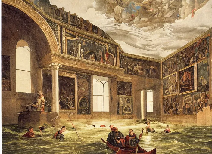 Image similar to a renaissance castle room flooded with water, a robot is sitting in a small boat in the room fishing,