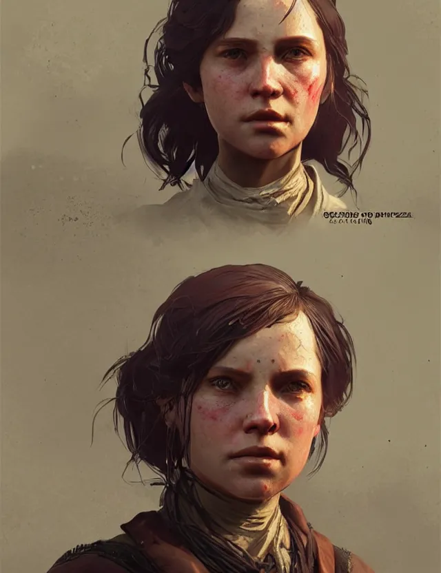 Prompt: close face portrait of a young female robber as red dead redemption 2 concept art, art by ryo shiotani and greg rutkowski, intricate, beautiful, cute, cinematic lighting, vintage art by serge ivanoff, high resolution, very detailed