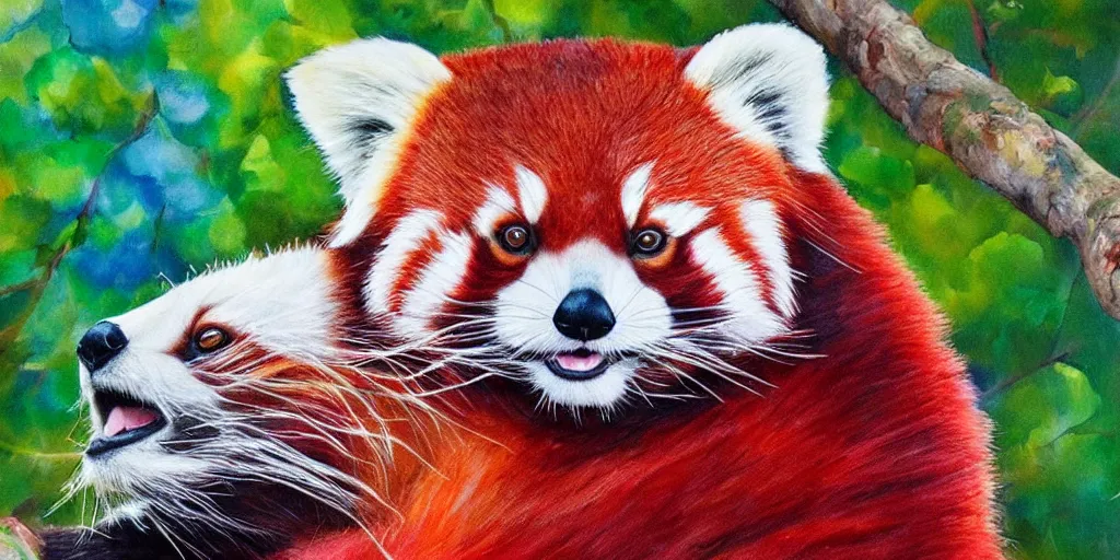 Prompt: a red panda with rainbow colored fur sitting in a tree, realistic painting