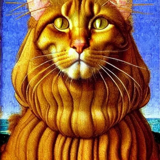 Image similar to beautiful renaissance painting portrait of ginger maine coon by sandro botticelli, jan van eyck, tiziano vecelli, piero della francesca