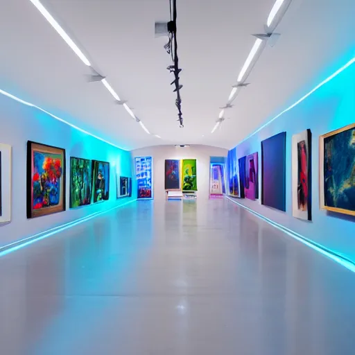 Prompt: interior view of modern futuristic art gallery detailed luminescent oil painting 4 k
