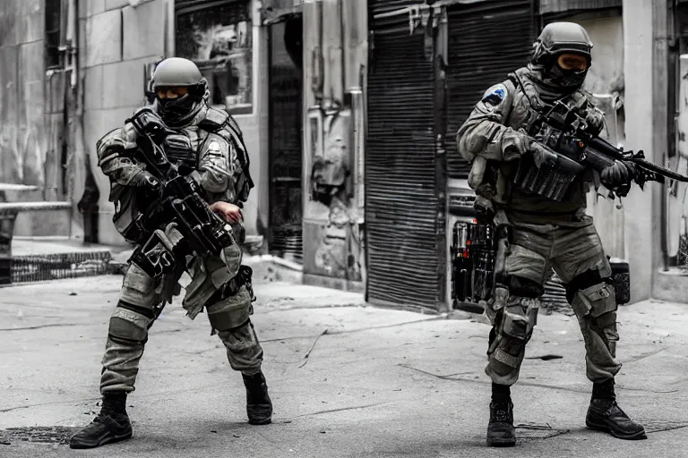 Image similar to Mercenary Special Forces soldiers in grey uniforms with black armored vest and helmets in urban warfare in New York 2022, Canon EOS R3, f/1.4, ISO 200, 1/160s, 8K, RAW, unedited, symmetrical balance, in-frame, combat photography