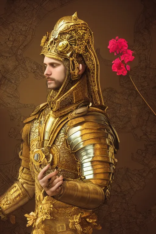 Image similar to hyperdetailed matte illustration of a knight wearing an ornate gold headpiece and holding a flower with a map of the collective subconscious in the background by octane render