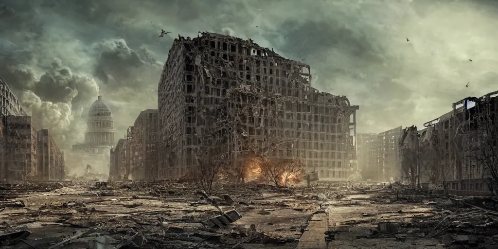 Prompt: Nuclear war in Washington DC, buildings in ruins. HD worth1000.com photography, award winning photos from the apocalypse, historical archive, Greg Rutkowski artistry works, industrial light and magic, light looping, light glow, National Geographic. Favorites on Deviantart, Trending on Artstation