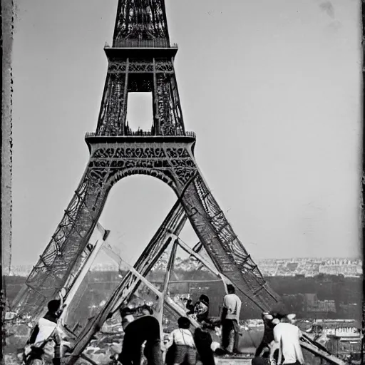 Image similar to workers renovating a gruyère cheese made Eiffel tower, Paris in the background