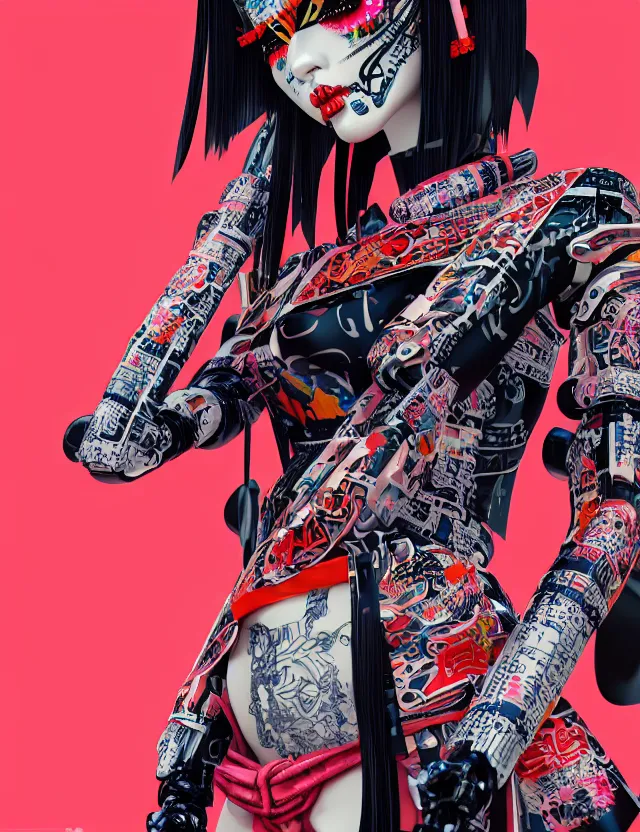 Image similar to full body portrait of a maximalist style punk geisha robot with kanji tattoos and decals wearing a digital pixelated kimono, intricate design, photo - realistic, octane render, ultra fine detailed, character design, trending on artstation