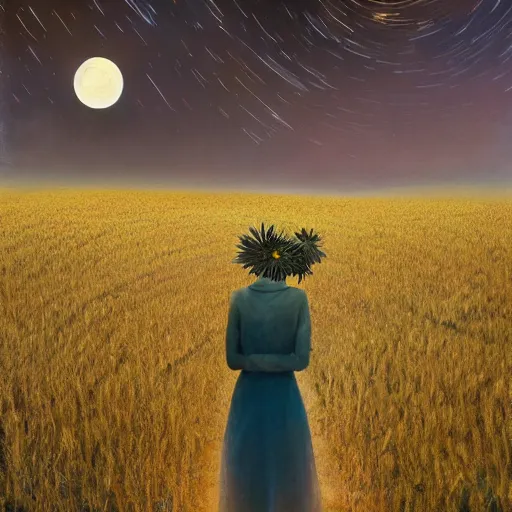 Image similar to giant daisy flower as a head, girl walking in wheat field, hills, surreal photography, moon light, dark night, star trails, dramatic light, impressionist painting, clouds, digital painting, artstation, simon stalenhag