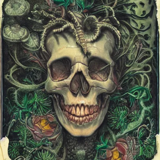 Image similar to a beautiful detailed front view portrait of a rotten woman corpse becoming a skull with fractal plants and fractal flowers and mushrooms growing around, baroque, volumetric light, beautiful lit, polaroid photography