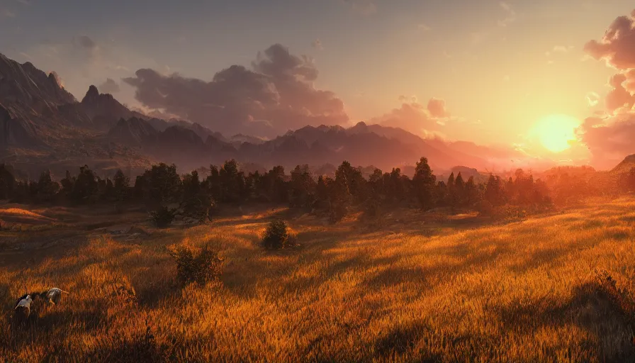 Image similar to edge of mountains watching animals in the field in the distance, volumetric light, sunset, hyperdetailed, artstation, cgsociety, 8 k