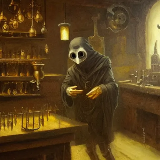 Image similar to plague doctor working in medieval alchemy laboratory, oil painting, by Greg Rutkowski