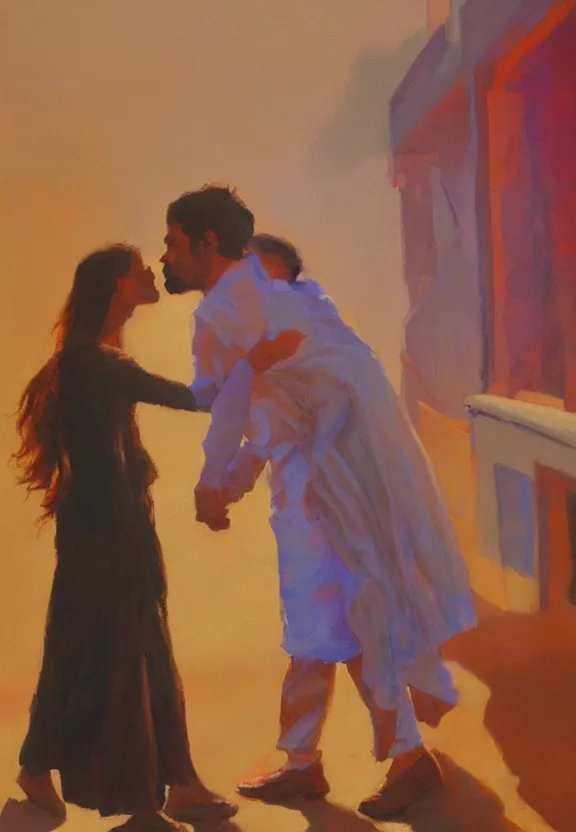 Image similar to a guy and a girl kissing, artwork by salman toor, cinematic light, atmospheric effects, oil on canvas