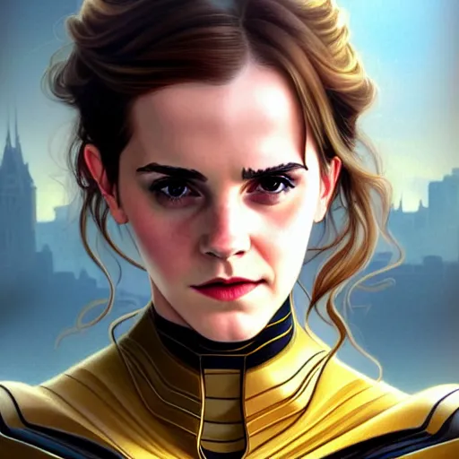 Image similar to beautiful Emma Watson as The Wasp from Marvel, western, closeup, D&D, fantasy, intricate, elegant, highly detailed, digital painting, artstation, concept art, matte, sharp focus, illustration, art by Artgerm and Greg Rutkowski and Alphonse Mucha