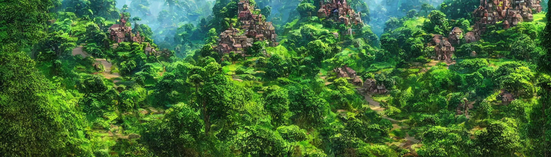 Image similar to vertical panorama of the shire in the style of studio ghibli