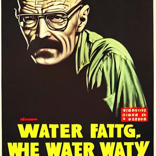 Image similar to creepy walter white with a scary comically large smile, 1940's scare tactic propaganda art