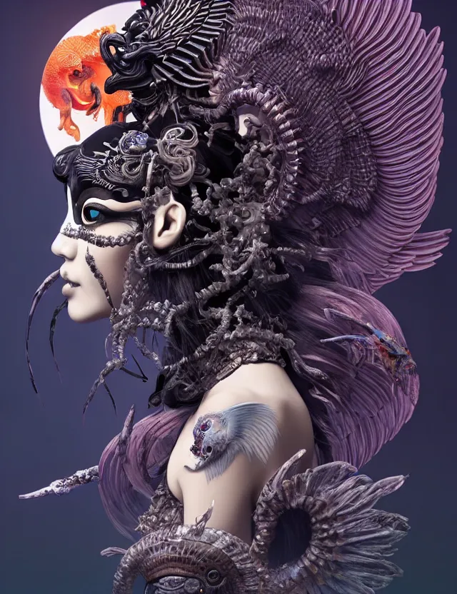 Image similar to 3 d goddess of death close - up profile portrait with ram skull. beautiful intricately detailed japanese crow kitsune mask and clasical japanese kimono. betta fish, jellyfish phoenix, bio luminescent, plasma, ice, water, wind, creature, artwork by tooth wu and wlop and beeple and greg rutkowski