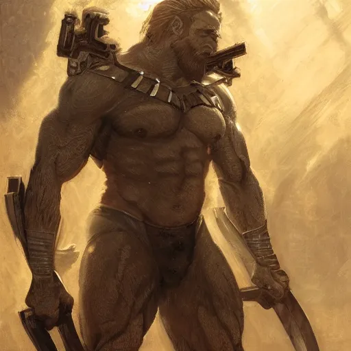 Prompt: handsome portrait of a spartan guy bodybuilder posing, radiant light, caustics, war hero, metal gear solid, bradley martin influencer, by gaston bussiere, bayard wu, greg rutkowski, giger, maxim verehin