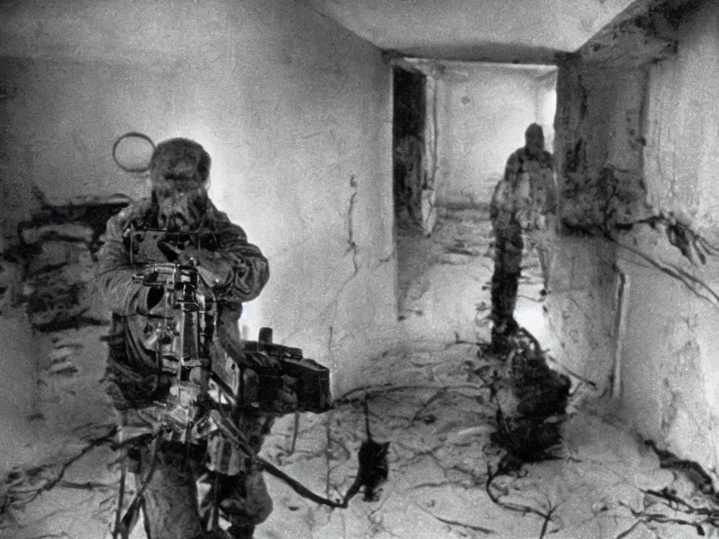 Prompt: Still photograph from Andrei Tarkovsky's 1979 Soviet science fiction art film Stalker