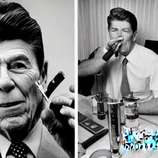 Image similar to photograph of a stoned ronald reagan smoking weed from a bong