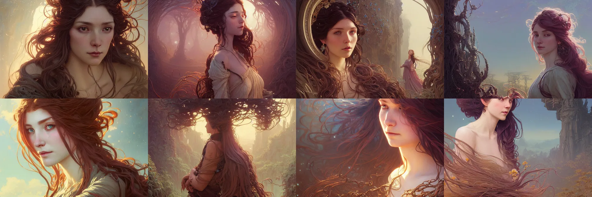 Image similar to highly detailed portrait of a woman with long hairs, stephen bliss, unreal engine, fantasy art by greg rutkowski, art nouveau, loish, rhads, ferdinand knab, makoto shinkai and lois van baarle, ilya kuvshinov, rossdraws, tom bagshaw, alphonse mucha, global illumination, radiant light, detailed and intricate environment