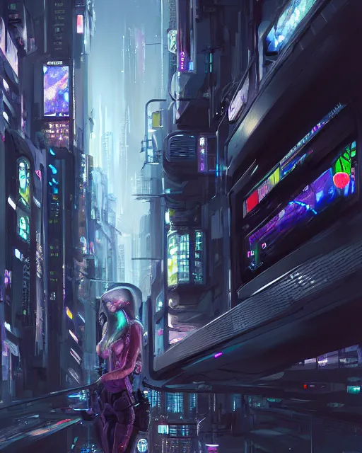 Image similar to realistic female artist creating art on her computer, cyberpunk city, artstation trends, sci fi concept art, highly detailed, intricate, sharp focus, digital art, 8 k,