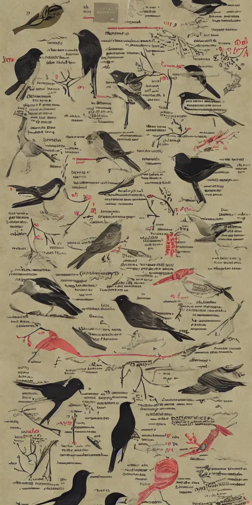 Prompt: anatomy of a bird, diagrams, map, marginalia, sketchbook, old script, inhabited initials, pastel infographic by Wes Anderson and victo ngai