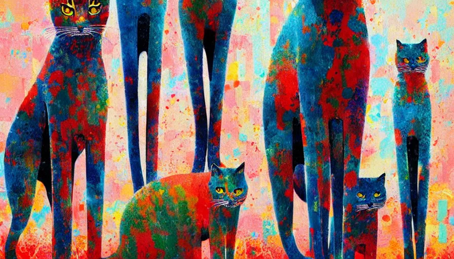 Prompt: contemporary semi abstract acrylic painting of really tall cats by cath kidston, by greg rutkowski, kessler art, thick brush strokes and visible paint layers, multicolor color scheme