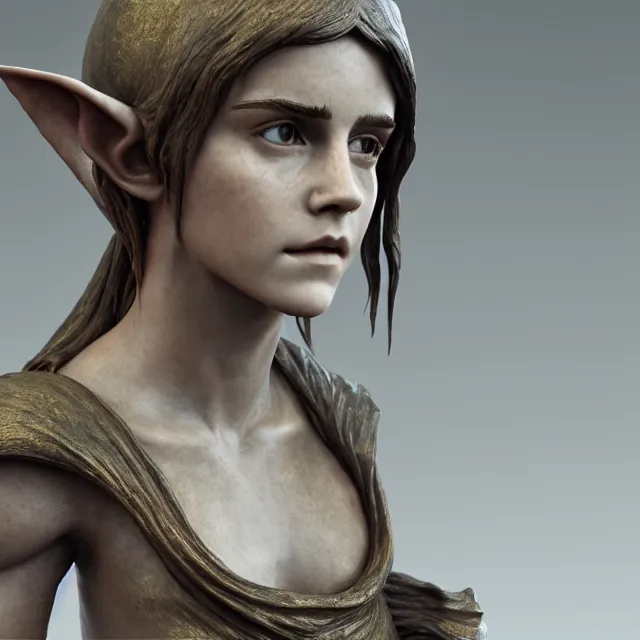 Image similar to marble sculpture of emma watson as an elf warrior, realistic, unreal engine render, octane render, hyper realistic, photo, 8 k, cinematic lighting