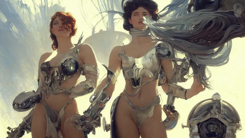 Image similar to modern elegant female cyborg greek goddess, space opera, feminine, powerful, beautiful, upper body, muscular, armour, highly detailed, digital painting, platinum, ghibli animated film, volumetric lighting, octane render artstation, concept art, smooth, sharp focus, illustration, by gaston bussiere, mucha, gerome, craig mullins, greg rutkowski, john singer sargent